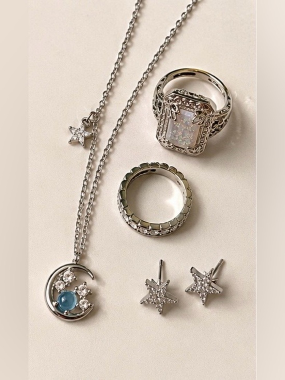 ✨🌙 Sterling Silver Moon & Star .925 Necklace, 2 CZ Rings & Star Stud earrings ✨